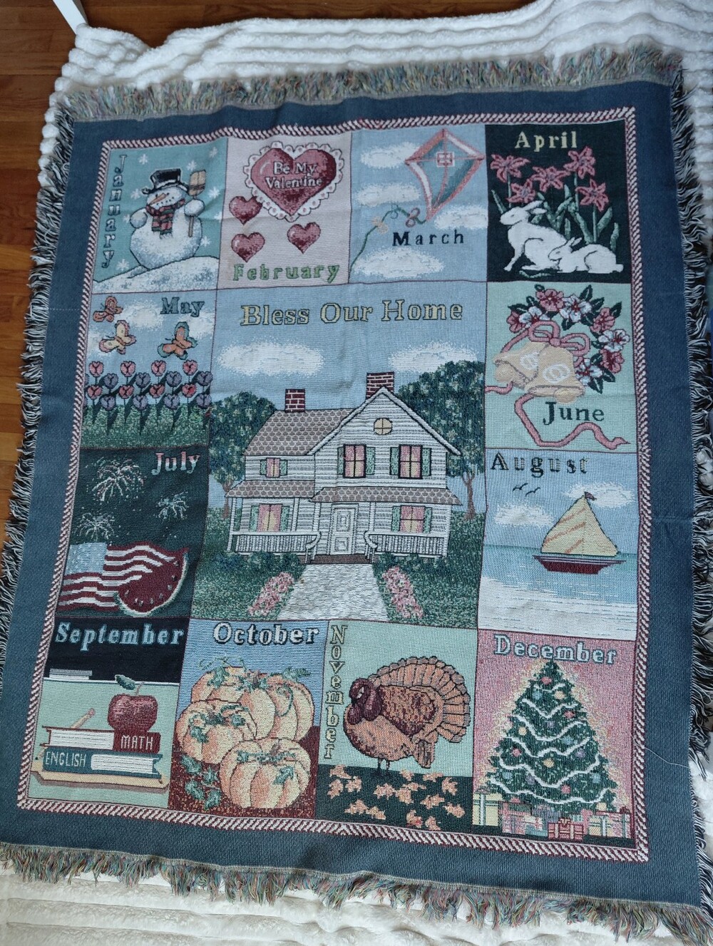 Cotton woven holiday calendar bless our home cottagecore  throw blanket